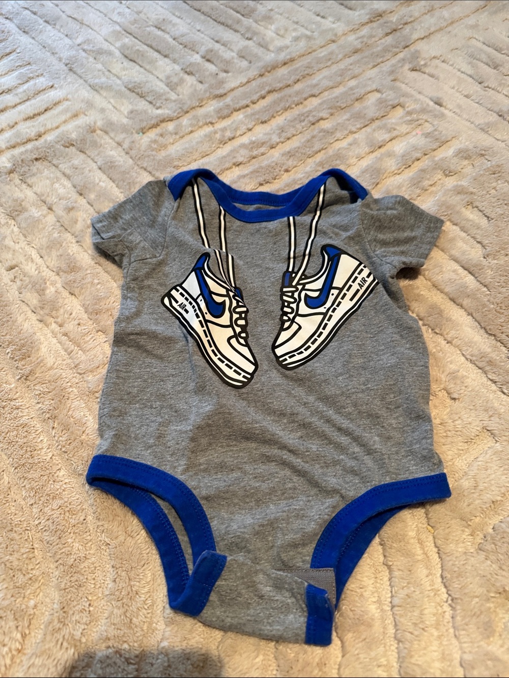 Nike Grey and Royal Blue Baby One-Piece Bodysuit with Sneaker Print